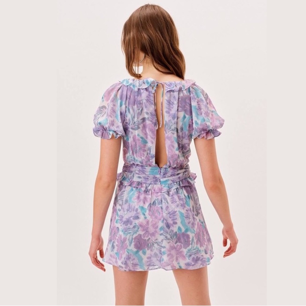 NWT For Love & Lemons Shelly Floral Lilac Ruffled Mini Puff Sleeve DressMSRP$236 - Picture 12 of 16